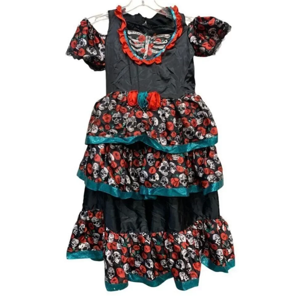 Sugar Skulls And Roses Day of the Dead Kids Costume - Black and Red Size 10-12